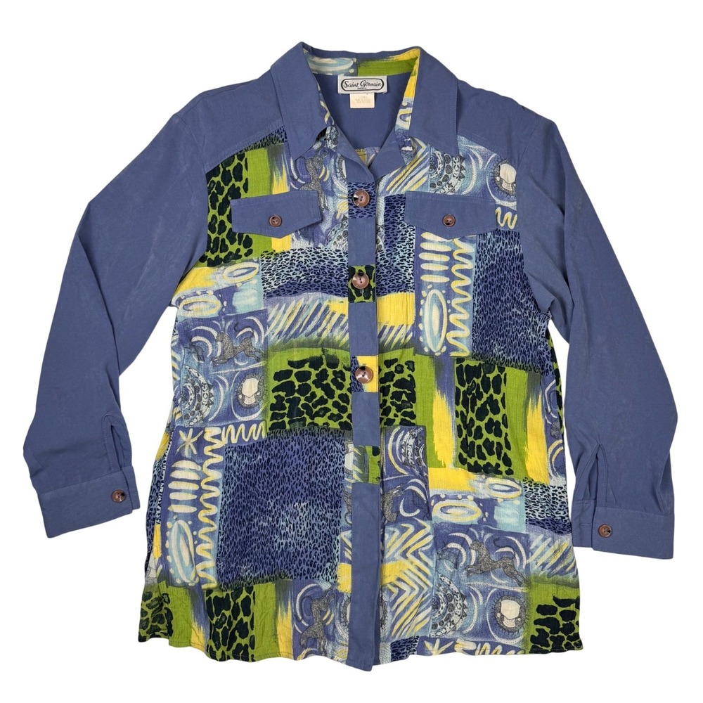 Saint Germain Paris Vintage Blue Patchwork Print Long Sleeve Button Down Shirt L